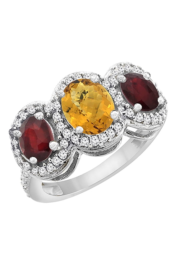 10K White Gold Natural Whisky Quartz & Enhanced Ruby 3-Stone Ring Oval Diamond Accent, size 5.5
