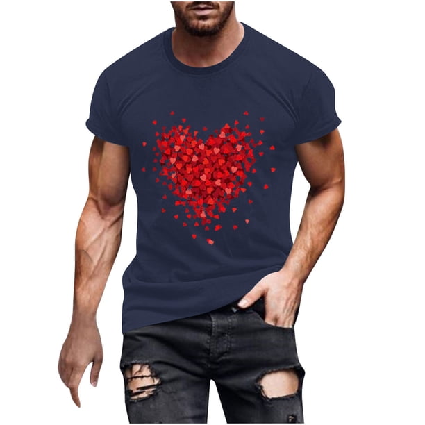 Camisetas de Manga Larga para Hombres, Camiseta de Manga Corta de Fitness de Impresión Del Día de San Valentín, Mezcla de Algodón Casual