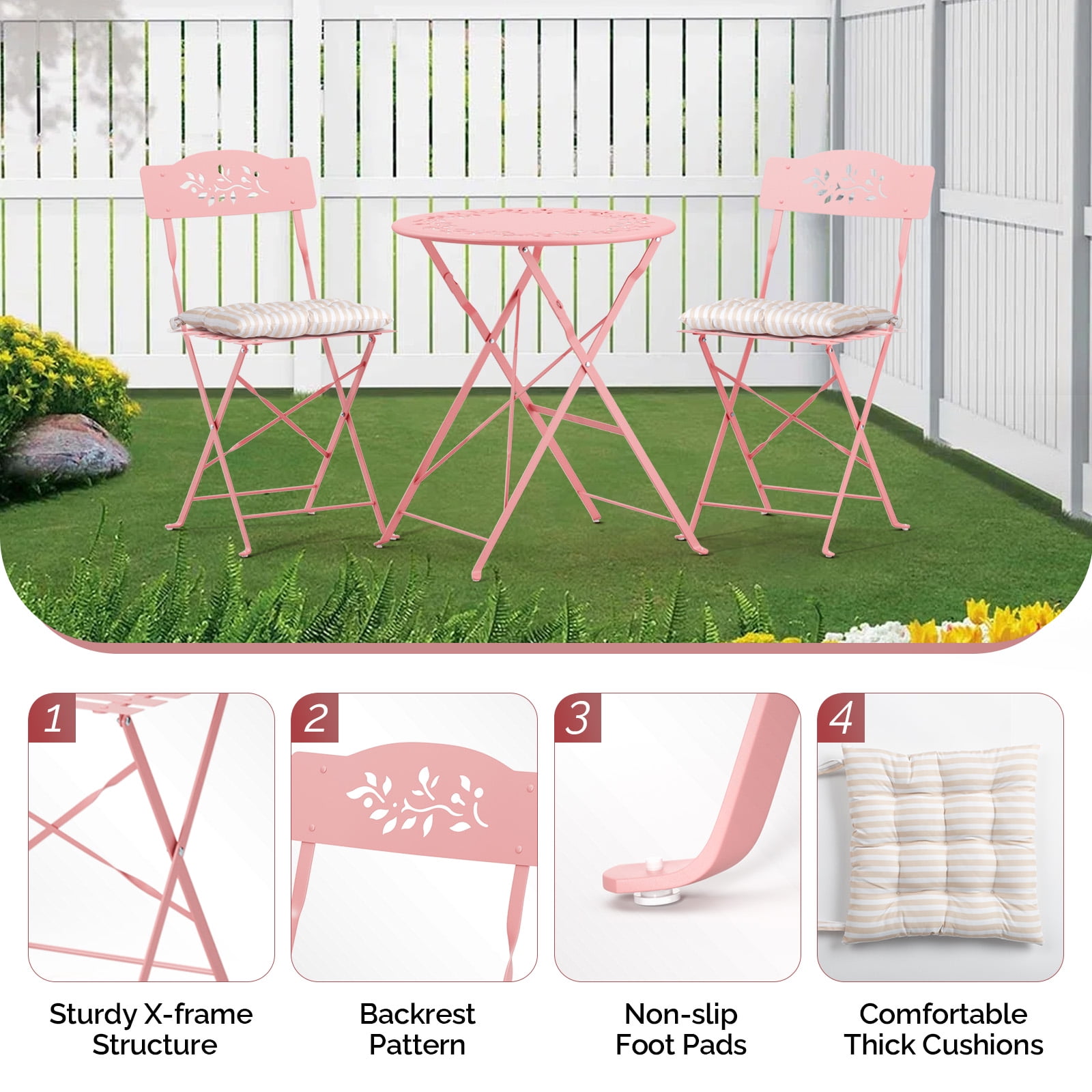 Ktaxon Outdoor 3-Piece Folding Bistro Set with Cushion, Small Metal Patio Seating Furniture Set - Pink