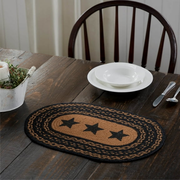 VHC Brands Farmhouse Star Dining Table Placemat, Braided Jute, Oval, Black Tan, 10x16