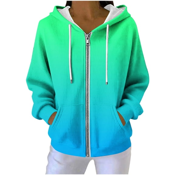 Ribbed Knitted Hoodies for Women Casual Gradient Long Sleeve Sweatshirt Full Zip Drawstring Jacket