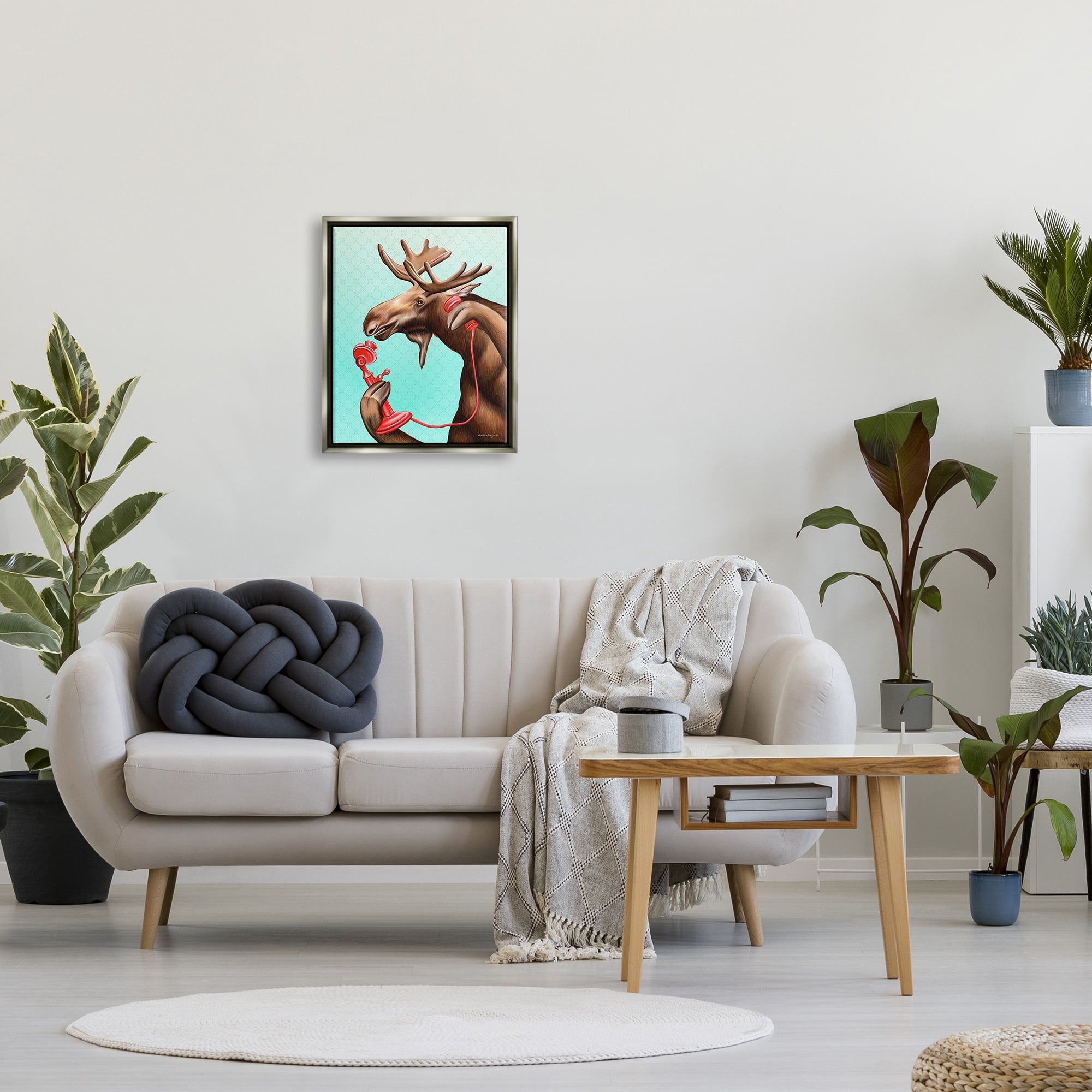 Stupell Industries Vintage Moose With Candlestick Telephone Ombre Background Graphic Art Luster Gray Floating Framed Canvas Print Wall Art, Design by Amelie Legault