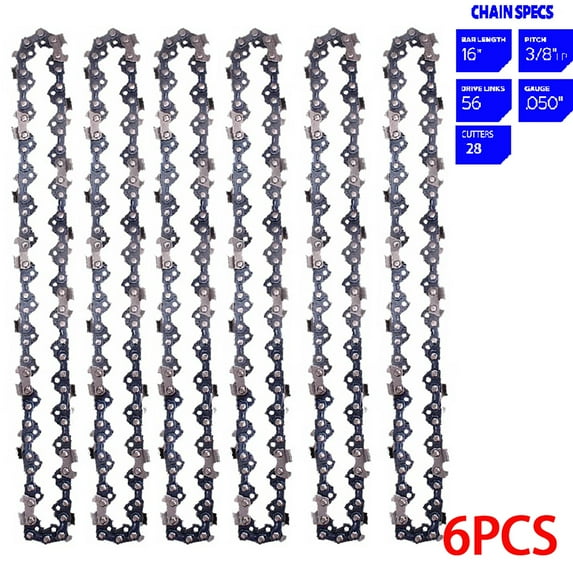 Landgoo 6Pack 16 Inch Semi Chisel Chainsaw Chain 3/8" Pitch 0.050"Gauge 56 DRIVE LINKS For Electric Chainsaw Replace