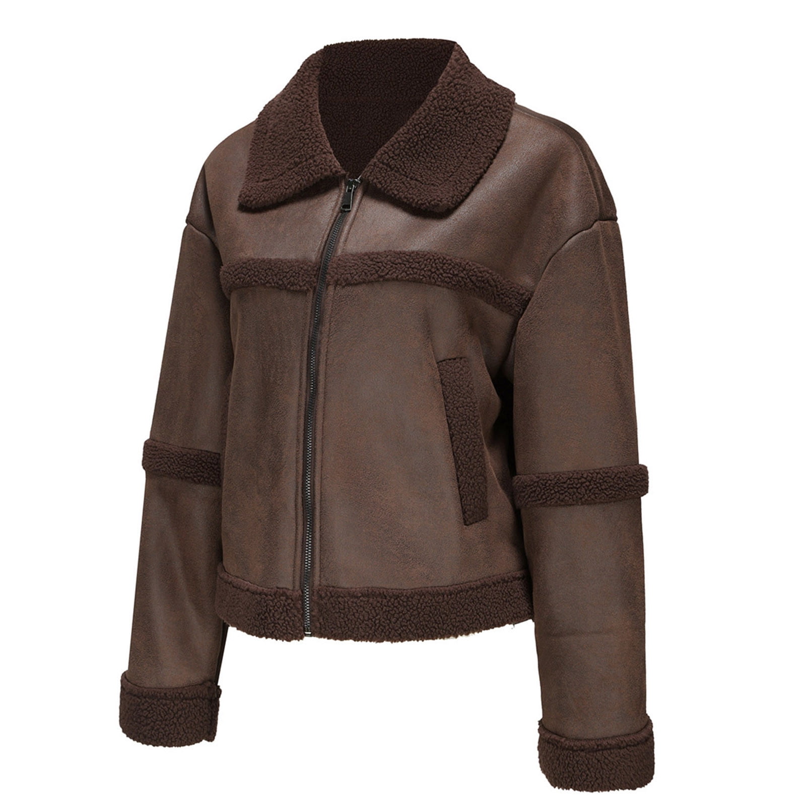 Women Cropped Sherpa Moto Jacket Lapel Faux Leather Coat Fleece Lining Aviator Bomber Jacket Leather Jacket Women Zip Up Faux Leather Jacket Y2k Jacket