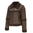 thumbnail image 4 of 2025 Winter Womens Faux Coat Faux Suede Jacket for Women Trendy Leather Fleece Patchwork Cropped Coat Long Sleeve Lapel Open Zip up Fashion Plush Outwear with Pocket Up to 65% off, 4 of 6