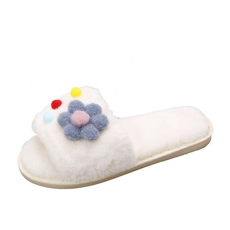 

Honeeladyy Autumn And Winter Woolen Shoes Women s Flip Flops Wear Flat Bottom Flower Plush Slippers Outside Home Women Beige Sales Online