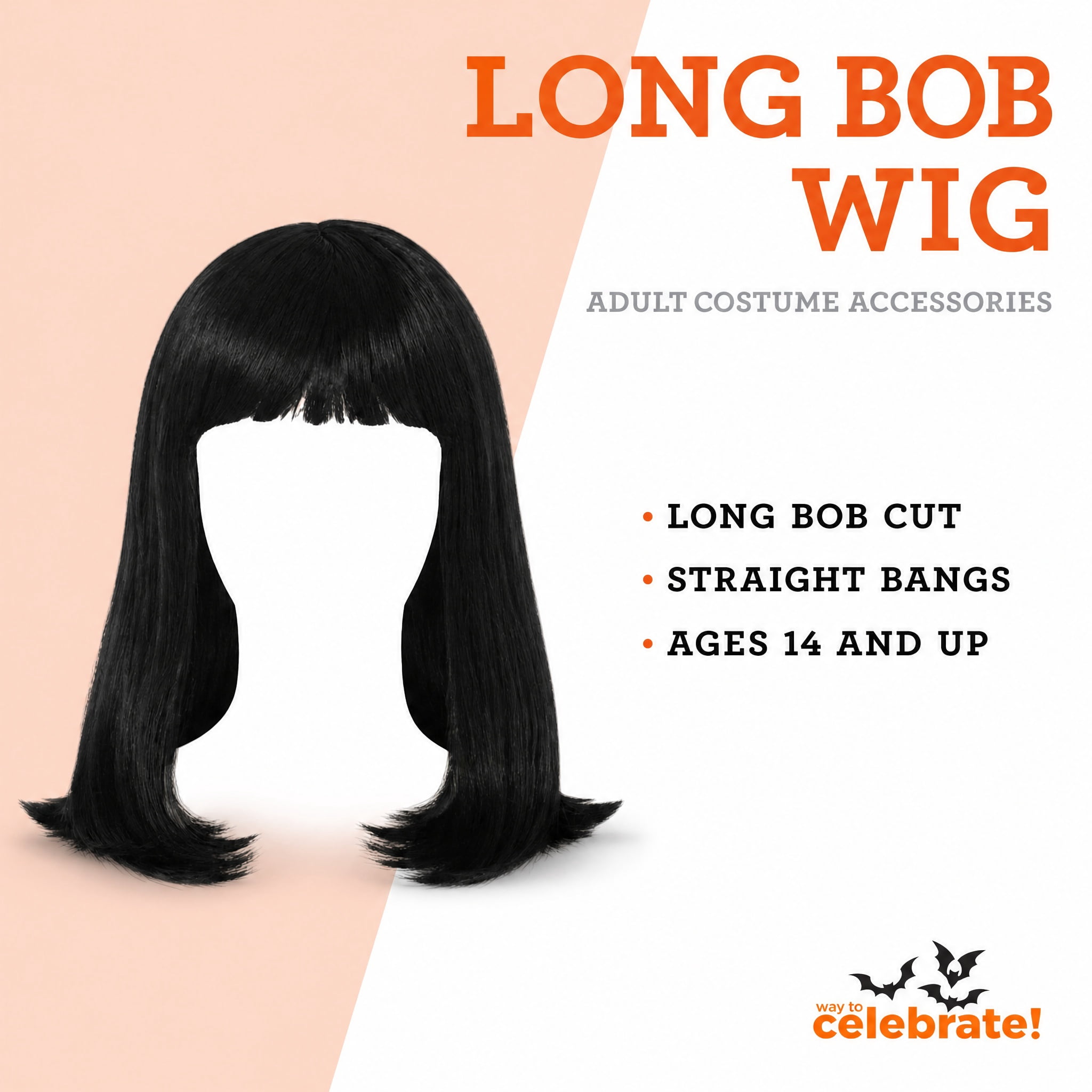 Long Bob Wig Costume Accessory for Adults, Black, Halloween by Way To Celebrate