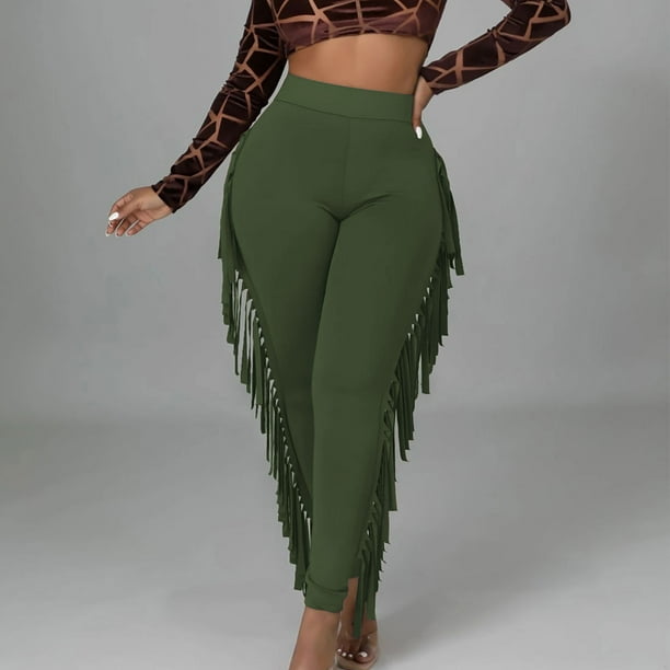 ICHUANYI Clearance Women's Sexy Tight Solid Color Fringed Bandage Trousers(Army Green, S) ICHUANYI WER2023081011541