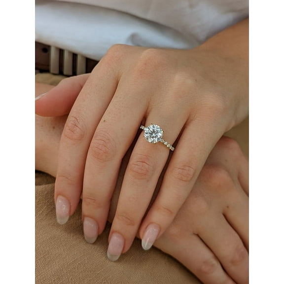 SOLITAIRE JEWELS 3Ct Round Brilliant Moissanite Diamond Engagement Ring 10K Yellow Gold With Bar Pave and Hidden Halo