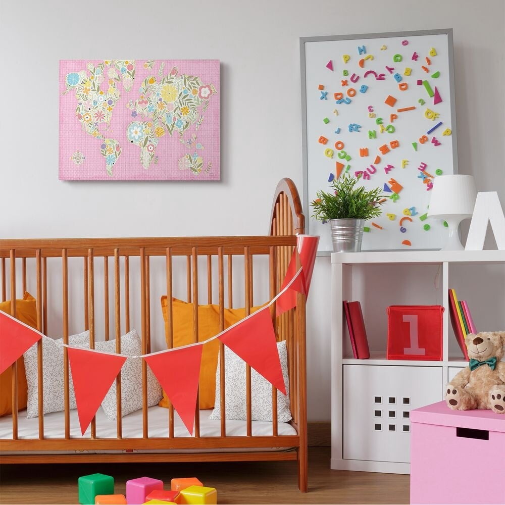 Stupell Industries Fun Floral Girl Pink Pastel Children's World Map Canvas Wall Art Design by Michael Mullan, 36" x 48"