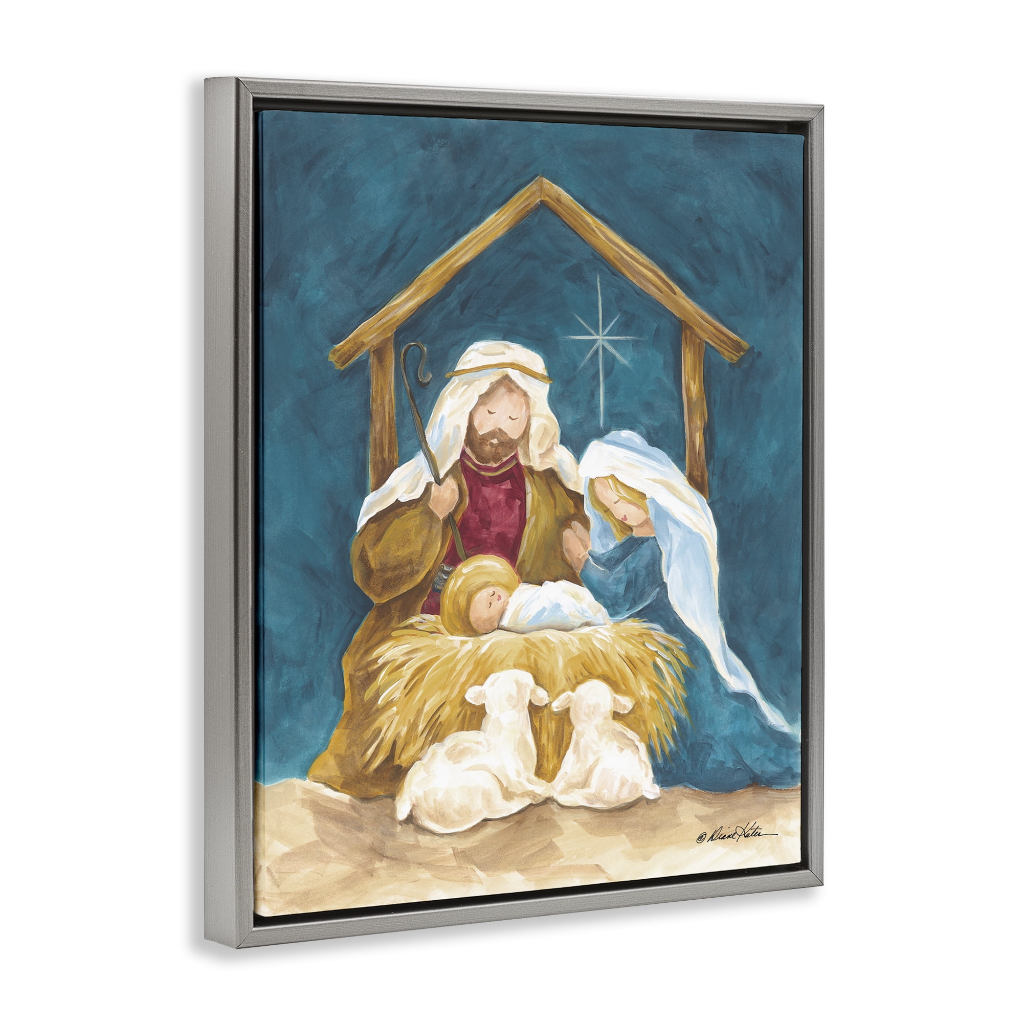 Comforting Nativity Painting Gray Framed Floater Canvas Wall Art, design by Diane Kater