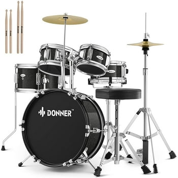 Donner Drum Set 14 inch 5-Piece for Beginners, Complete Junior Drum Kit with Adjustable Throne, Cymbal, Hi-Hat, Pedal & Drumstick, Metallic Black