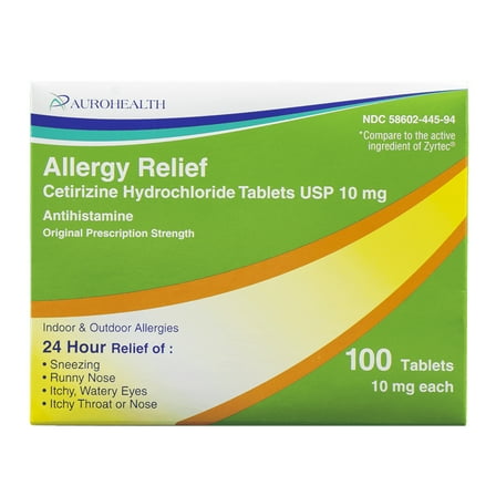 Aurohealth  ALLERGY RELIEF  Cetirizine Hydrochloride 10MG 100 COUNT TABLETS
