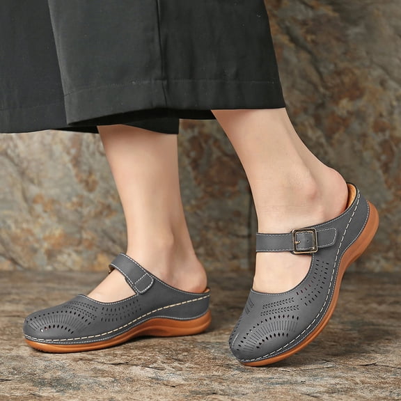 WHAMVOX Vintage Wedge Sandals for Women Dark Grey PU Casual Heel Slipper with Chunky Heel Size 38 EU38 US7 UK4.5