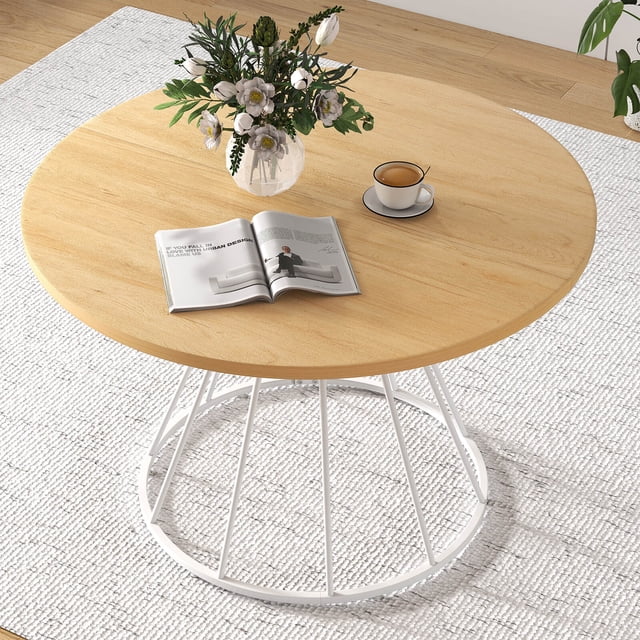 Costway 47” Round Dining Table with Wooden Tabletop, Metal Base for Home Dining Room Natural+ White