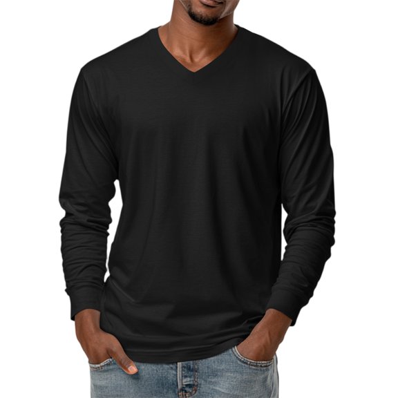 GrmtClth Mens Long Sleeve Shirts Casual V-Neck Breathable Top Solid Color Soft T-Shirts Slim Fit Clothing Black 3XL