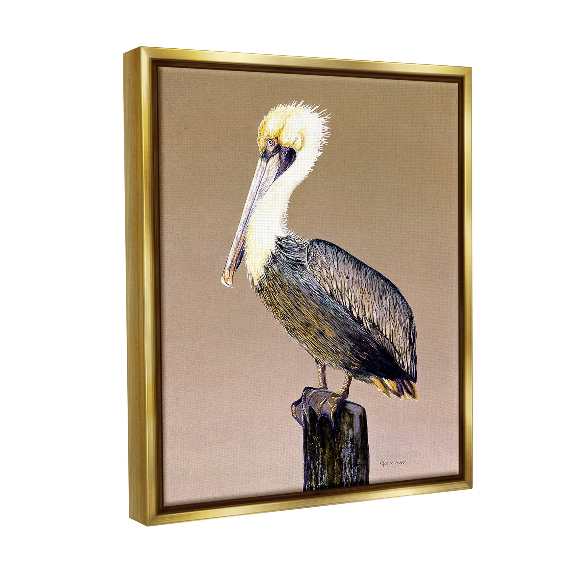 Stupell Industries Pelican on Perch Animals & Insects Painting Gold Floater Framed Canvas Art Print Wall Art, 17 x 21