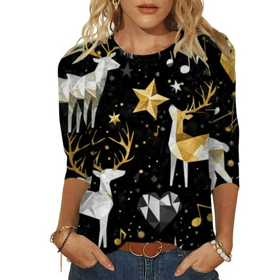 Fiaer Women T Shirts 3/4 Sleeve Christmas Plus Size Tshirts Crew Neck Snowflakes Santa Snowman Tree Funny Graphic Trendy Xmas Tops Silver XL