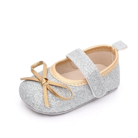 

TOWED22 Slippers For Toddler Girls First Bowknot Baby Walking Princess Flash Girls Shoe Fine Shoe Soft Baby Shoes Silver