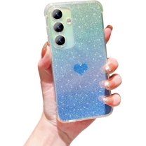 for Samsung Galaxy S23 FE 5G Case Iridescent Holographic, Gradient Bling Glitter Clear Phone Case with Camera Lens Cover Soft Shockproof Cute Heart S23 FE Case for Women Girls 6.4" (Blue Heart)