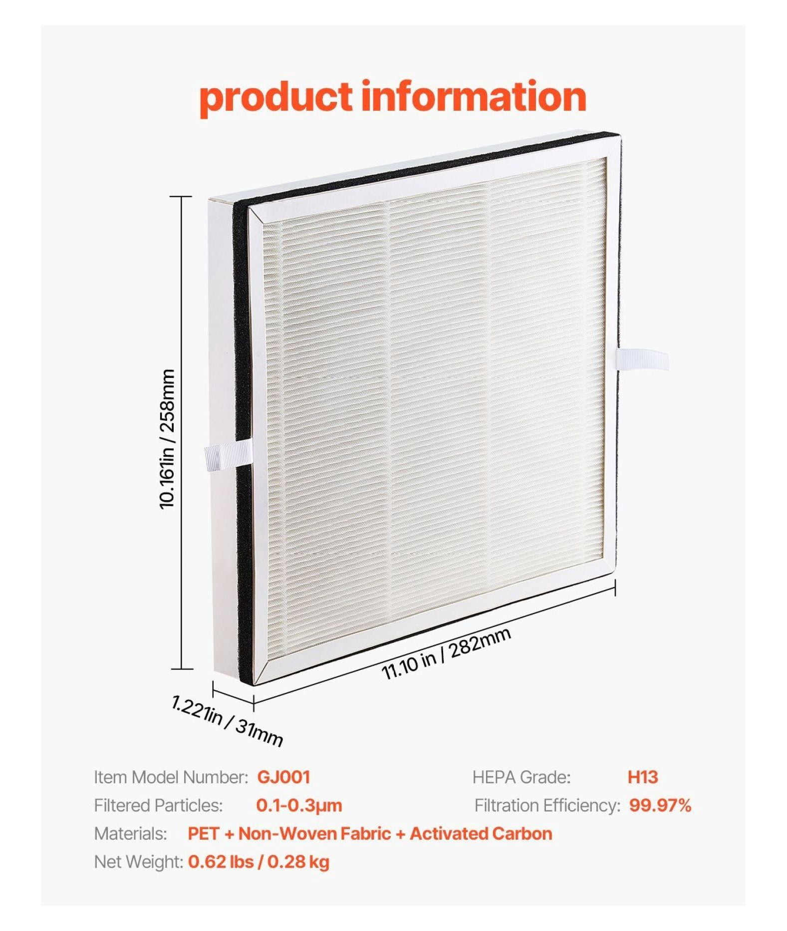 Air Purifier Replacement Filter H13, 3-in-1 HEPA Filter for Square Purifiers - Activated Carbon Odor Filter, PET Pre-Filter - Long-Lasting Air Purifier Filter