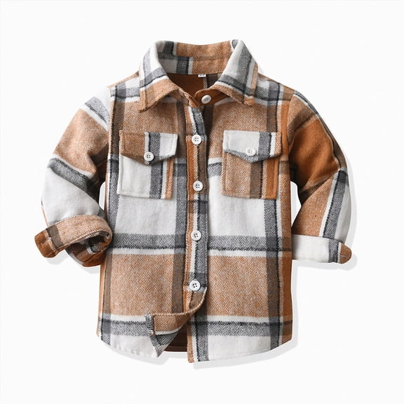Splozh Toddler Baby Flannel Jacket Lapel Plaid Long Sleeve Button Down Shirt with Pocket Fall Winter Fashion Casual Shacket Toddler Light Jacket,Brown,12-18 Months