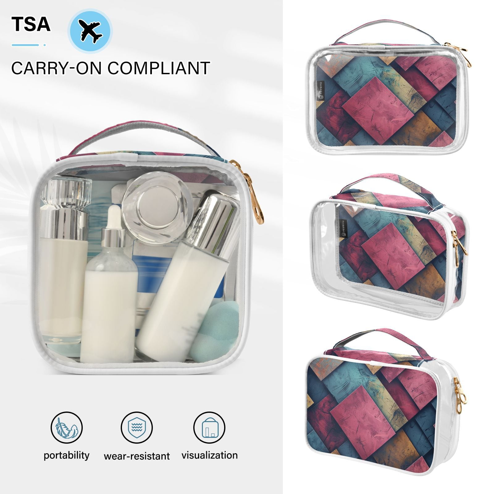 Clear Makeup Bags with Handle Large Opening 2 Pack Set Toiletry Bag Quart Size Bag, for Women Man Traveling Travel Essentials, Toiletries and Other. Colorful Grid