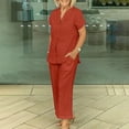 thumbnail image 2 of UVEASISHA Cotton Linen Sets for Women 2 Piece Office Work Outfits V Neck Short Sleeve Tops and Pants Set with Pockets Orange XXL, 2 of 7