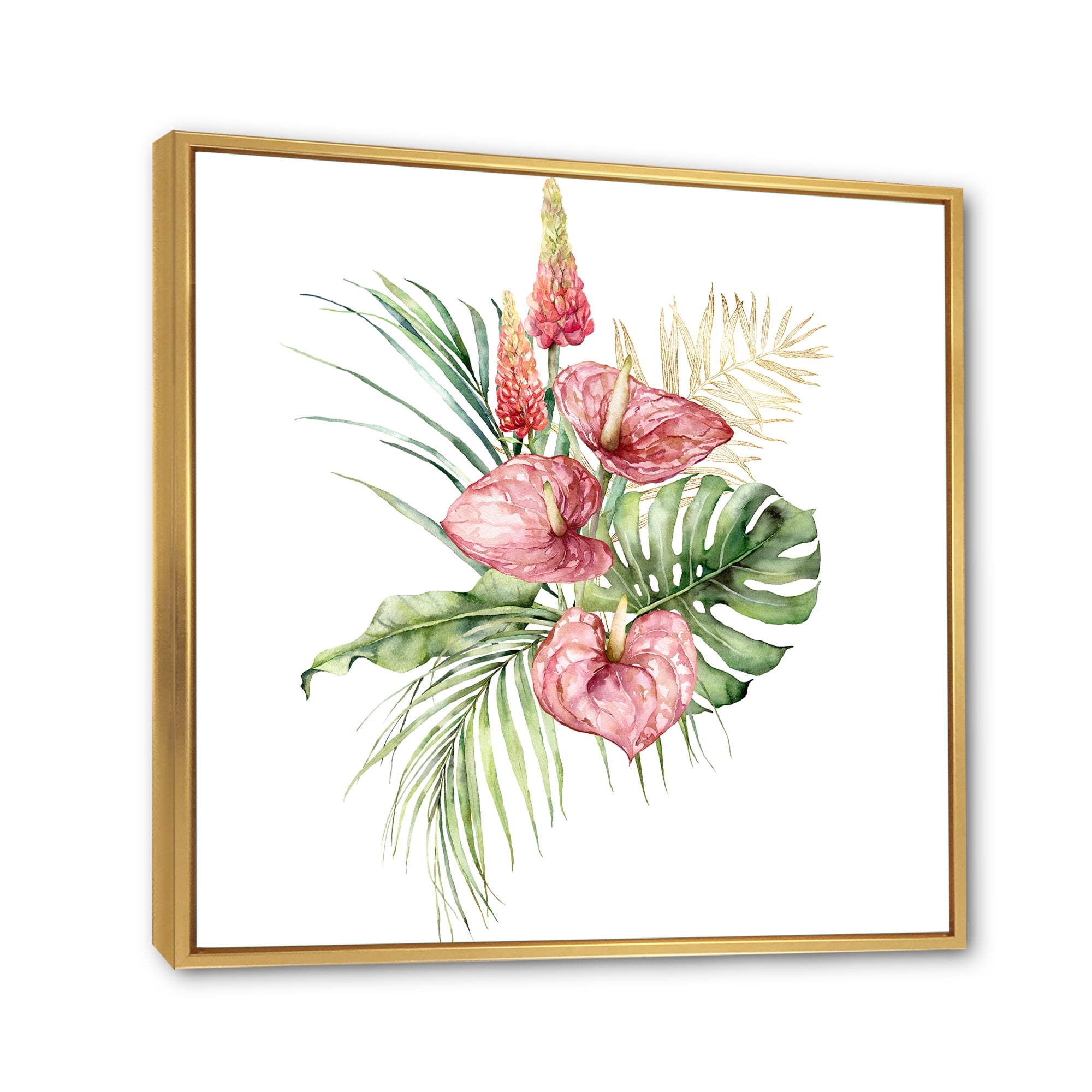 Designart 'Tropical Bouquet With Anthurium Lupine and Leaves On White I' Traditional Framed Canvas Wall Art Print