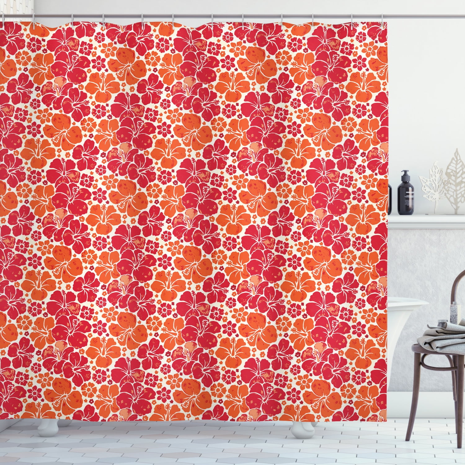 Hibiscus Shower Curtain, Hawaiian Flora Pattern Blooming Ornamentation Grunge Petal Silhouettes, Fabric Bathroom Set with Hooks, 69'WX70'L, Vermilion Orange Ivory, by Ambesonne