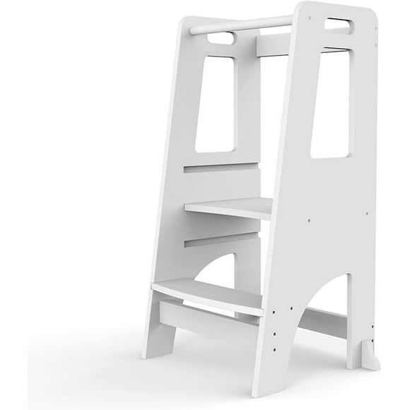 Toddler Tower, Wooden Toddler Kitchen Stool Helper, Height Adjustable Kids Kitchen Step Stool Learning Tower for Bathroom and Bedroom Counter Working, Natural Bamboo (White)