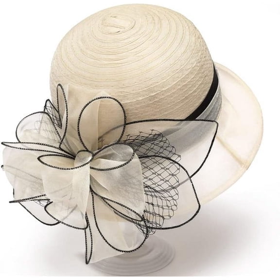 Organza Fascinator Tea-Party Derby-Hats for Women - Flower Wide Brim Church Sunday Sun Hat