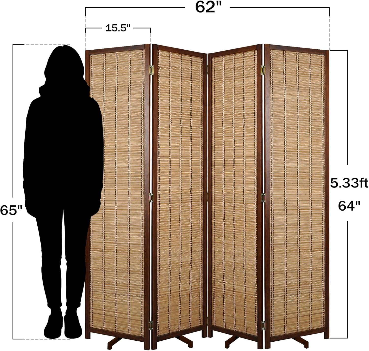 Olela Folding Bamboo Room Divider, 4 Panels Decorative Screens Wall Divider for Room Separation, 5.4ft Height Freestanding Privacy Partition for Living Room, Bedroom & Office, No Assembly