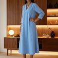 thumbnail image 2 of Womens Solid Color Maxi Dresses Casual Loose Fit V Neck 3/4 Sleeve A Line Linen Long Dress Light Blue, 2 of 7