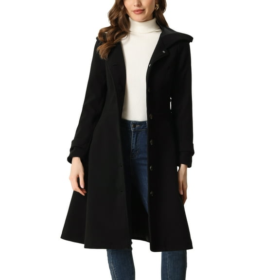 Unique Bargains Single Breasted Belted Hooded Coat for Women Outerwear Coat with Pockets M Black