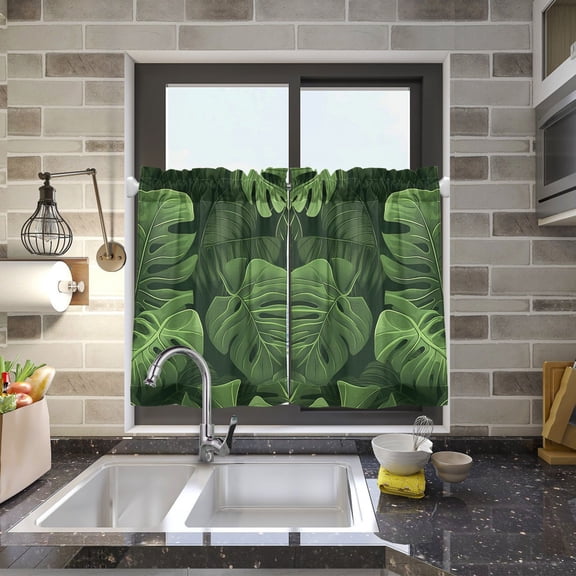 Leaves Green Kitchen Curtains Half Tier Curtain 2 Rod Pockets Bathroom Bedroom Cupborad Living Room 27"x24"