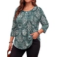 thumbnail image 3 of WellSize 3/4 Sleeve Plus Size Womens Blouses Casual Floral Pleats Tops Summer Crewneck Shirts Tunic Curved Hem Blouses, 3 of 7