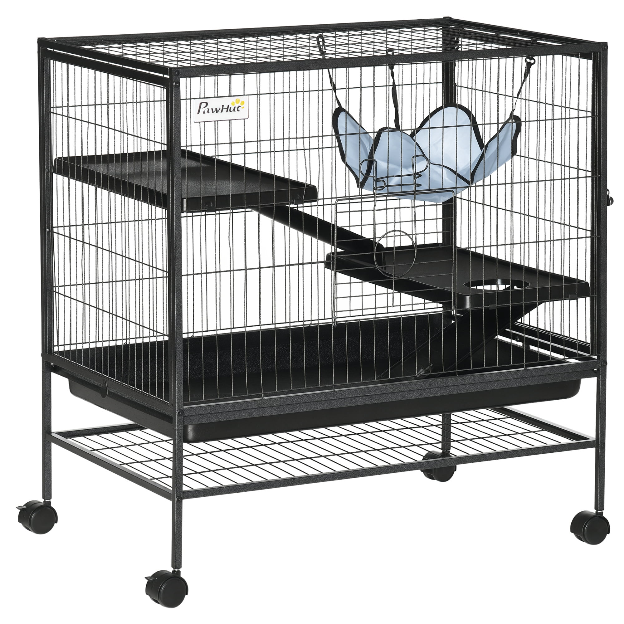 3-Tier Metal Animal Cage with Wheels - Ferret, Chinchilla, Sugar Glider Habitat - Easy Clean Tray & Bottom Shelf - 31.5"L x 20.5"W x 33"H - Black