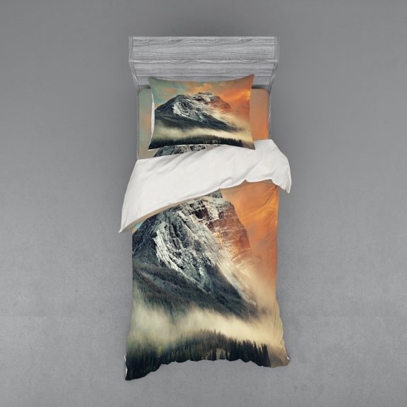 Ambesonne Nature Bedding Set 3 Pcs, Snowy Peak Mountain, Twin, Grey Orange