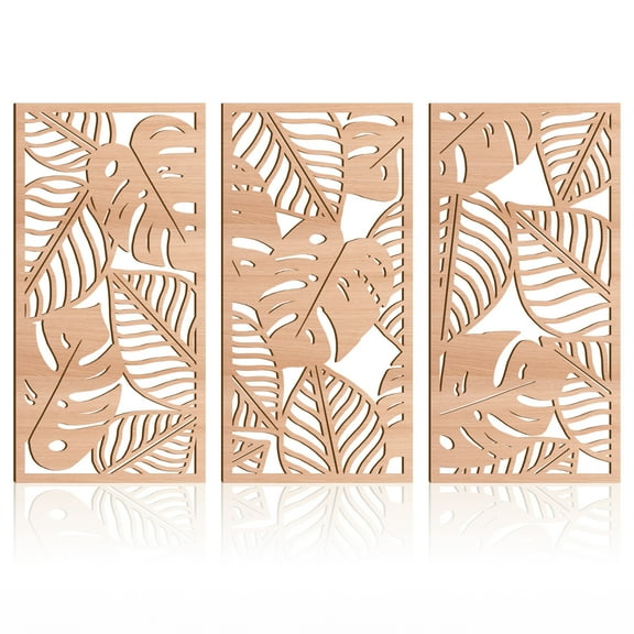 Large Boho Wood Tropical Wall Art Bohemia Carved Palm Leaves Wall Decor Bohemia Coastal Monstera Leaf Sculptures Decortion Set of 3 for Living Room Bedroom 16X32 Inch