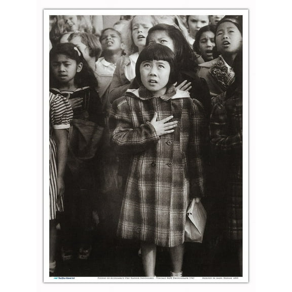 Pledge of Allegiance One Nation Indivisible - San Francisco, California - Vintage B&W Photograph by Dorothea Lange c.1942 - Master Art Print (Unframed) 9in x 12in