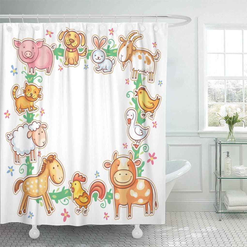 KSADK Colorful Cat with Cute Cartoon Farm Animals No Gradients White Hen Shower Curtain Bathroom