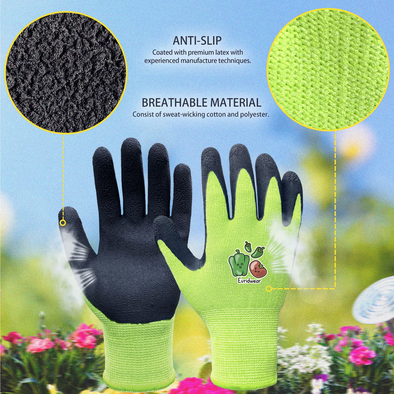 EvridWear Children Kids Gardening Latex Painting Work Gloves, Kid Garden Gloves, XS (3-5yr), Green