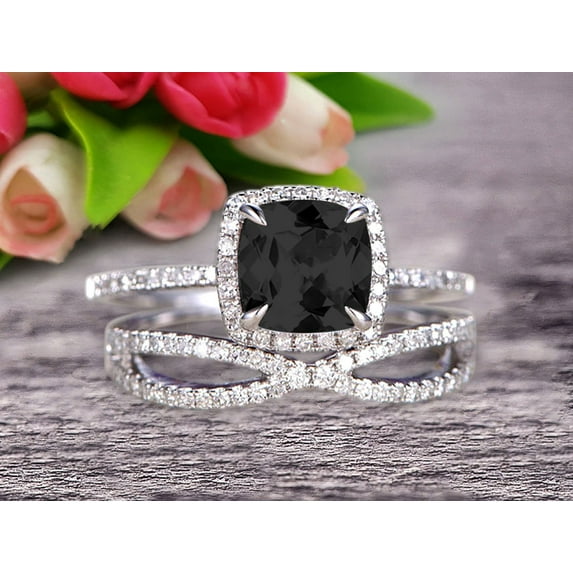 Bridal Set 2.80 Carat 7mm Cushion Black Diamond Moissanite Engagement Ring Set Wedding Ring Solid 10k White Gold Promise Ring for Bride Loop Curved Matching Band Halo Ring