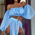 thumbnail image 3 of 1 Set Bikini Cover Up Mesh Puff Sleeves Ladies Sexy Pure Color Crop Top Cover Up Skirt for Vacation, 3 of 7