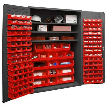 

14 Gauge Flush Door Style Lockable Cabinet with 138 Red Hook on Bins & 3 Adjustable Shelves Gray - 48 in.