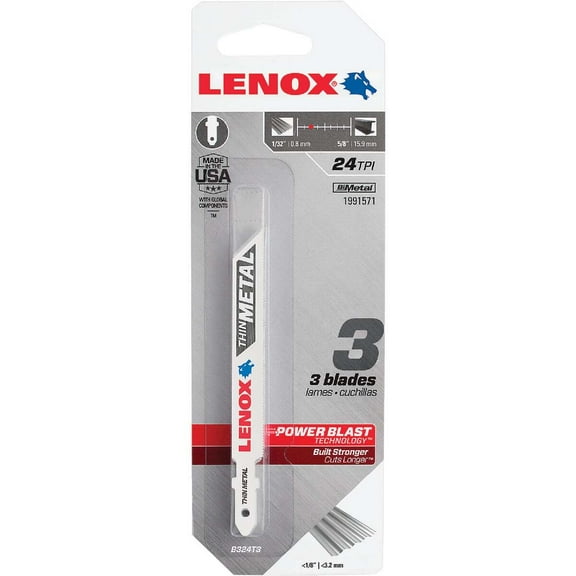 Lenox 1991571 Jig Saw Blade, 3/8 in W, 3-5/8 in L, 24 TPI, 0.037 in Thick, 3/PK