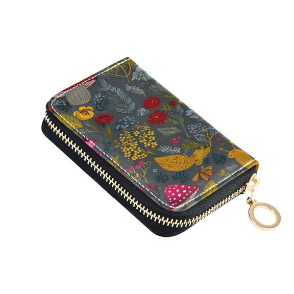 PU Leather Zip Card Holder Women's Card Case Zipper Card Case Compact & Lightweight Cute Snails and Mushrooms