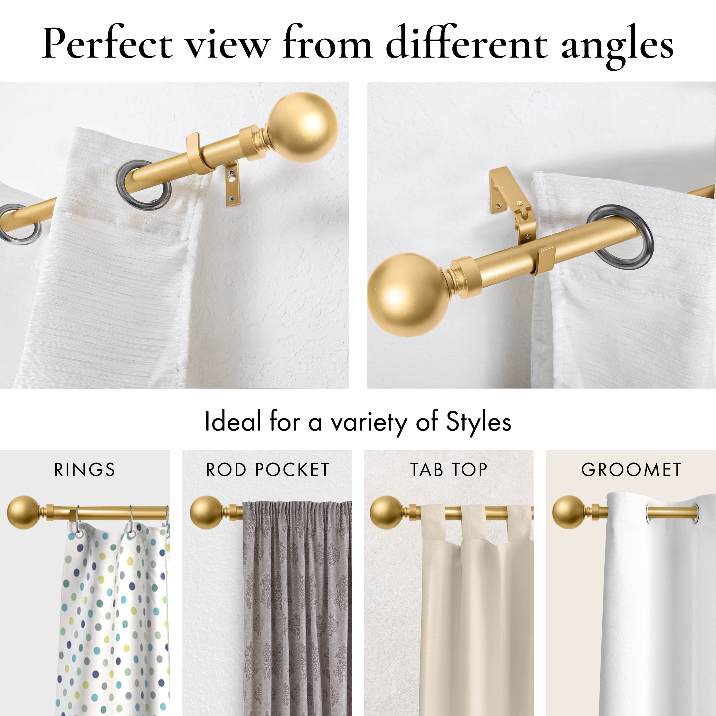 MERIVILLE 1" Single Curtain Rod Set, Adjustable 28-48 Inches, Ball Finials, Gold