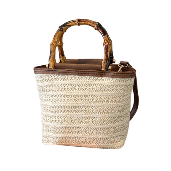 Snmubt Summer Stylish Knot Woven Bamboo Handle Bucket Bag, Handmade Casual Shoulder Purse, Beach Vacation Travel Holiday Tote for Women, Beige B